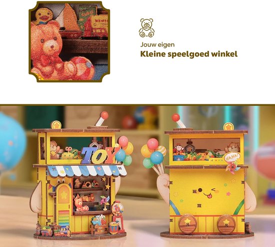 Twee gele speelgoedwinkels, één met een vriendelijk gezicht en ballonnen, de ander met 'TOY'-letters. Close-up van een teddybeer.