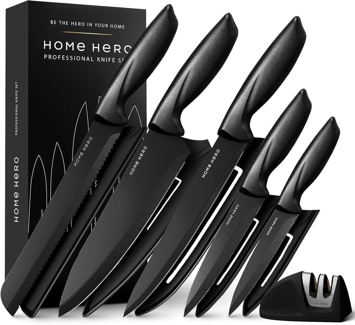Home Hero Keukenmessenset - Hoge Koolstof Roestvrijstalen Keukenmessen met Ergonomische Handgrepen, Keramische Messenset met Anti-aanbaklaag (11 stuks met schede - Zwart)