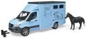 Lichtblauwe Bruder paardenwagen met een paard ernaast en een trekhaakje. Dewagen heeft een afbeelding van een springend paard.