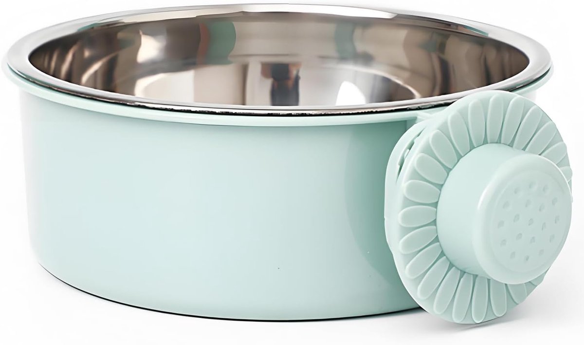 Daity Een anti-kantelbare, vast ophangbare hondenvoerbak, een afneembare voerbak van roestvrij staal en een anti-kantelbare waterdispenser, middelgroot, 450 ml, geschikt voor kleine honden/katten/konijnen (groen).