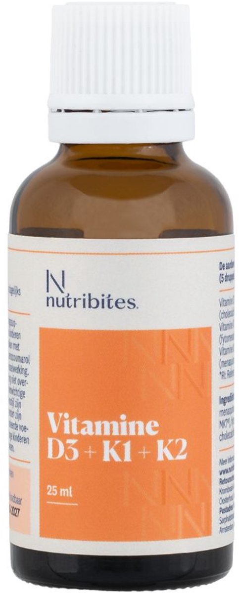 Nutribites Vitamine D+K druppels - Ondersteunt het immuunsysteem - Draagt bij aan gezonde botten en tanden - 25 mcg vitamine D / 1.000 IE per dagdosering - Bioactieve vitamines - 25 ml flesje