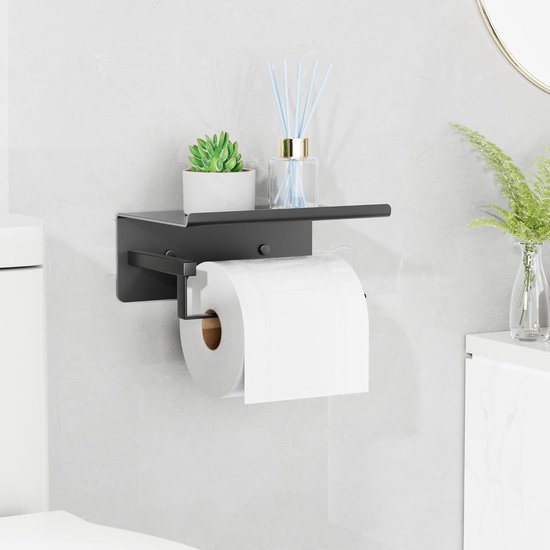 Avalo WC Rolhouder met Bakje & Plankje - Zwart - Zelfklevend/Boren/Zonder Boren - Toiletrolhouder - WC Papier Houder