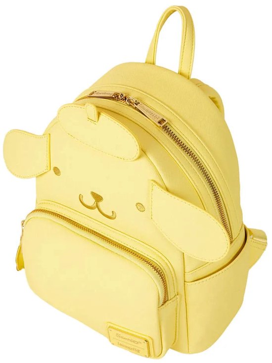 Gele mini-rugzak met Pompompurin gezicht, oren en gouden rits.