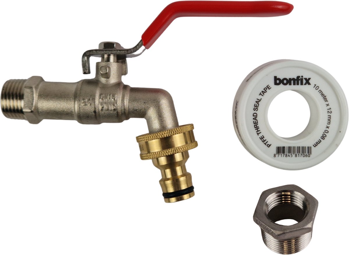 Deltaline Kwaliteits Buitenkraan - RVS Hendel - Inclusief Verloopring 3/4" naar 1/2" - Messing Tuinslangkoppeling - Teflon Tape