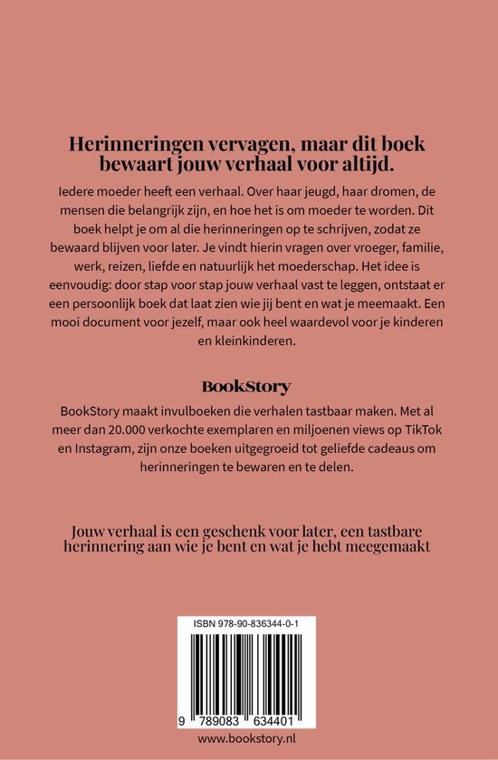 Boekpagina's met informatie over het BookStory invulboek. Bevat een korte tekst en een barcode.