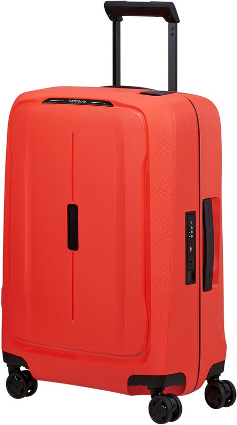 Oranje Samsonite koffer met uitschuifbare handgreep, cijferslot en zwarte wielen.