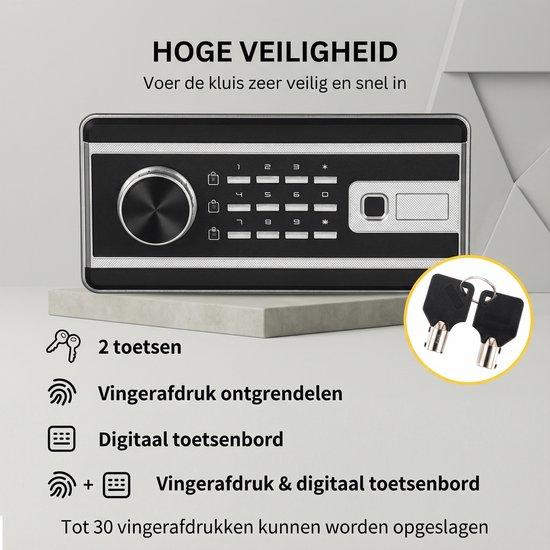 Illustratie van een kluis met opties voor ontgrendeling: 2 sleutels, vingerafdruk, digitaal toetsenbord, of combinatie.