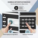 Illustratie van een kluis met vingerafdruksensor en numeriek toetsenbord, met handen die de functies gebruiken.