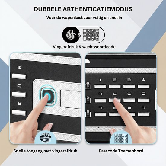 Illustratie van een kluis met vingerafdruksensor en numeriek toetsenbord, met handen die de functies gebruiken.