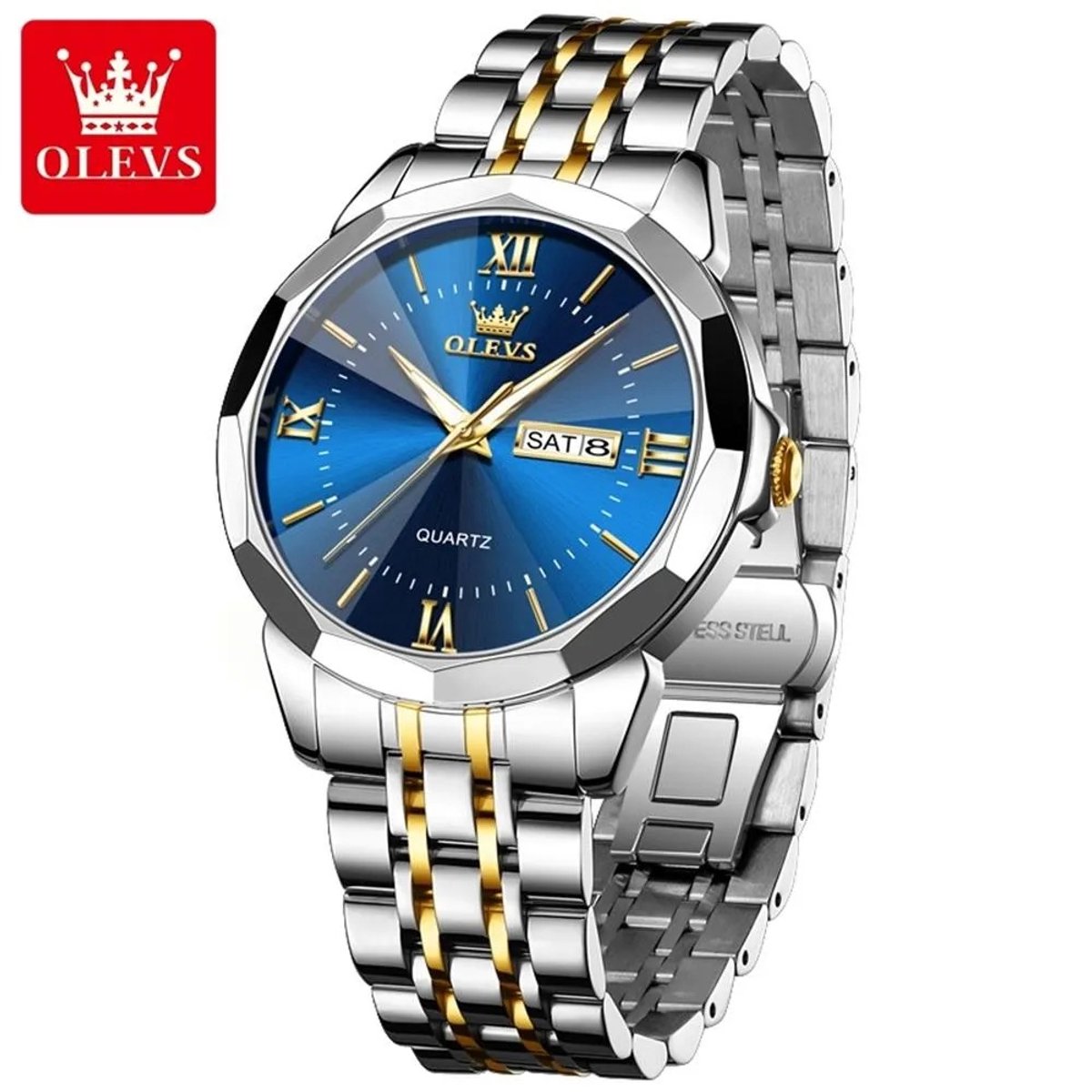 HO-9989.gz-bl : Olevs 12 facet zilver-goudkleurig quartz edelstaal heren horloge, blauwe wijzerplaat, dagnaam, kalenderdag