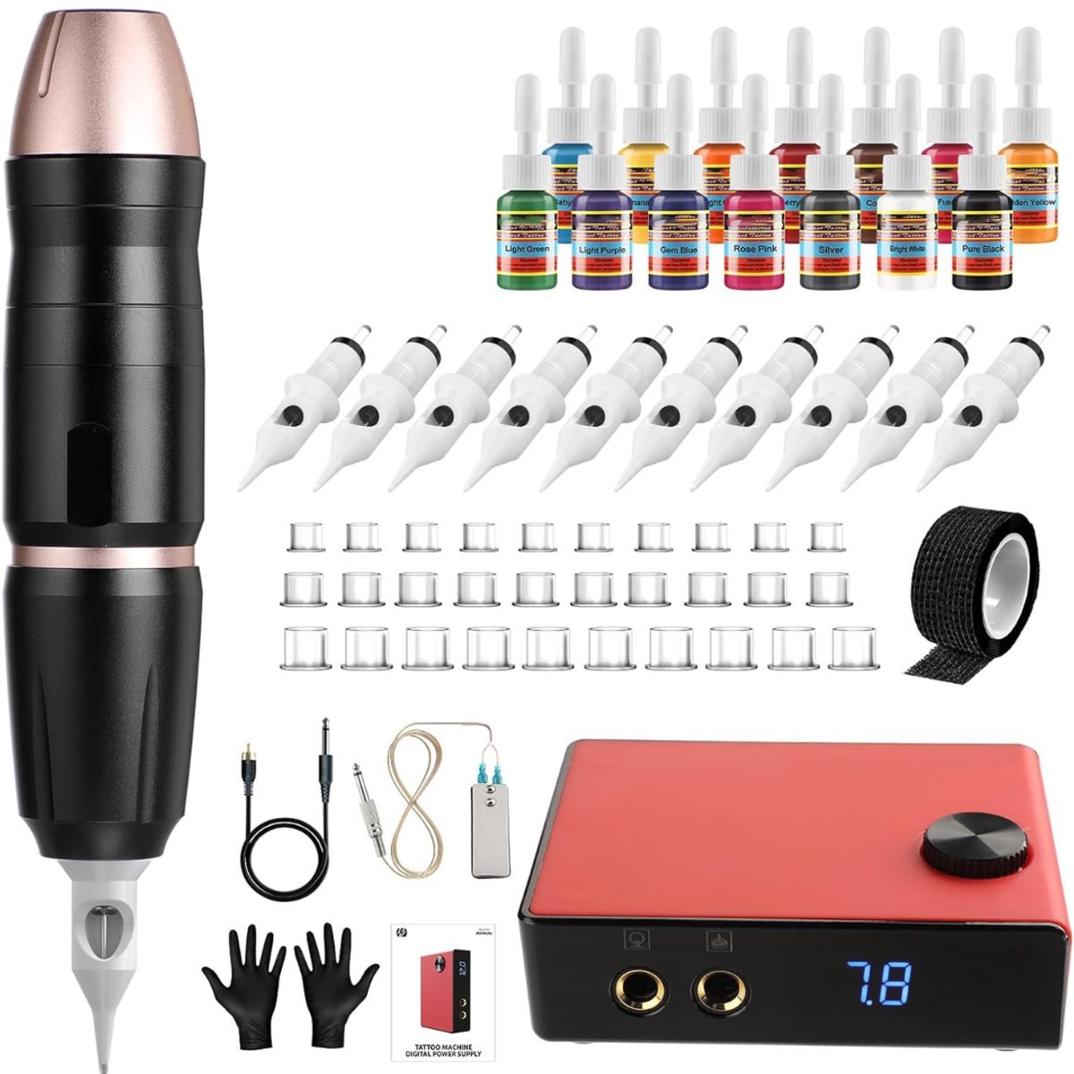 Tattoo Machine met Accessoires - Tattoo kit Draadloos - Complete Set -Zwart met roze