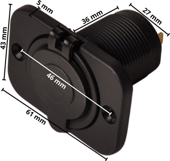 Zwarte USB-inbouwdoos met afmetingen, met rubberen kap en twee schroeven.