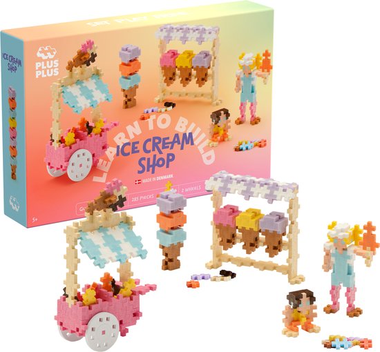 Doos van de 'Learn to Build Ice Cream Shop' set, met de bouwstenen, modellen van een ijswagen, ijshoorntjes, en figuren.