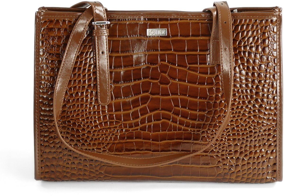 Solier FL55 LUNE shopper dames – grote leren schoudertas van gelakt leer met krokodillenreliëf en rits – bruin