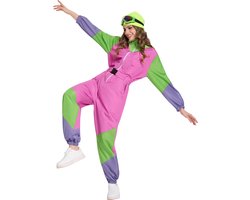 Joya Party® Retro Skipak Roze, Groen en Geel Dames | Carnavalskleding | Verkleedkleren | Vintage Ski Pak Carnaval Fluo Kleuren | Jaren 80/90 Verkleedpak Volwassenen | Foute Skipakken | Met Skibril, Muts & Riem | Verkleedkleding Vrouw | Maat S/M
