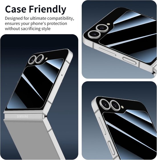 Close-up van Samsung Z Flip met schermprotector, hoekvriendelijk.