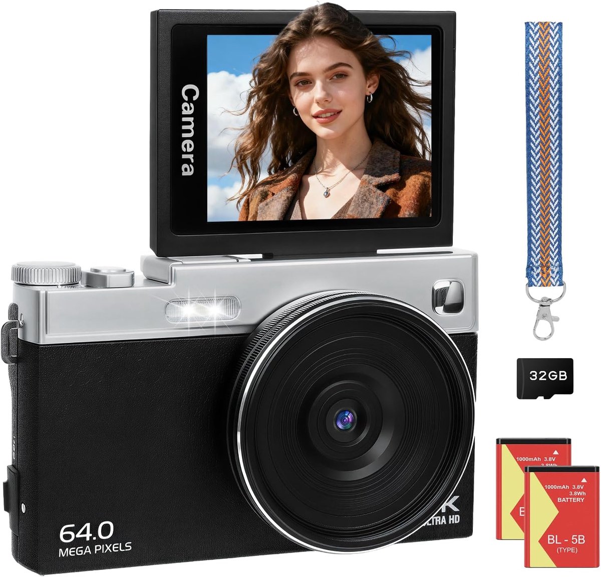 Digitale Camera 4K 64MP met 3 Inch 180° Kantelbaar IPS Scherm – 16x Digitale Zoom, Autofocus, Webcamfunctie via USB, Compacte Vlogcamera met 2×1000mAh Batterijen en 32GB Geheugenkaart voor Beginners, Kinderen en Tieners