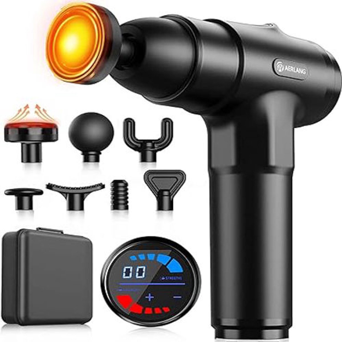 Massagepistool met Warmtefunctie – 20 Standen – LED-Display – 7 Massagekoppen – Handmassageapparaat voor Spieren & Ontspanning