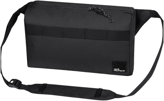Zwarte Jack Wolfskin schoudertas met rits, draagband en dubbele banden aan de voorkant.