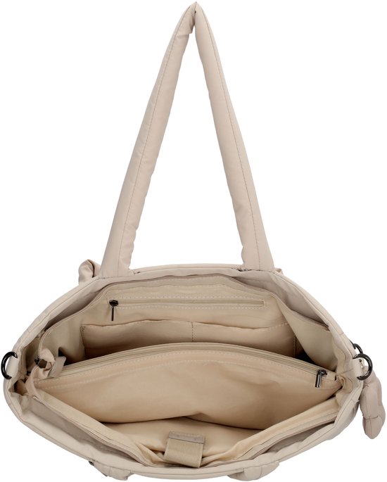 Open crèmekleurige laptoptas met meerdere vakken aan de binnenkant.
