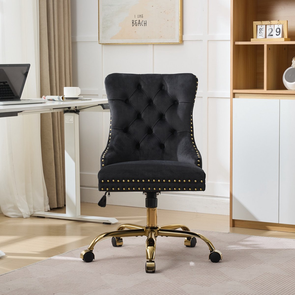 Sweiko Bureaustoel - Gewatteerde zitting - In hoogte verstelbaar - Velvet - Metalen frame - Zwart