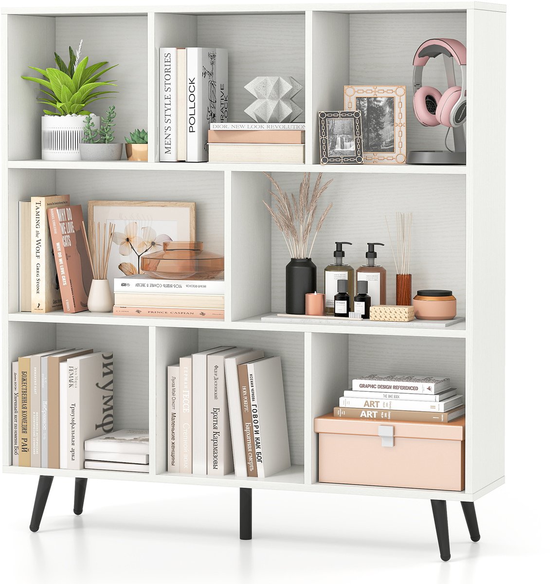 COSTWAY Boekenkast met vakken, staand rek met 3 niveaus en houten poten, kubusrek 107 cm hoog, kantoorrek, opbergrek voor woonkamer, slaapkamer, kantoor (100 cm)