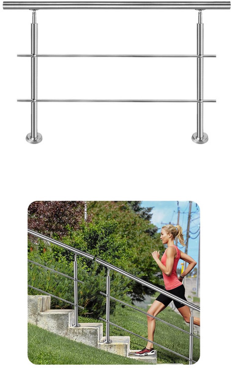 Aufun Roestvrijstalen Trapleuning-120 Cm-2 Dwarsbalken-Met 2 Staanders-Voor Trappen Balustrades Balkons