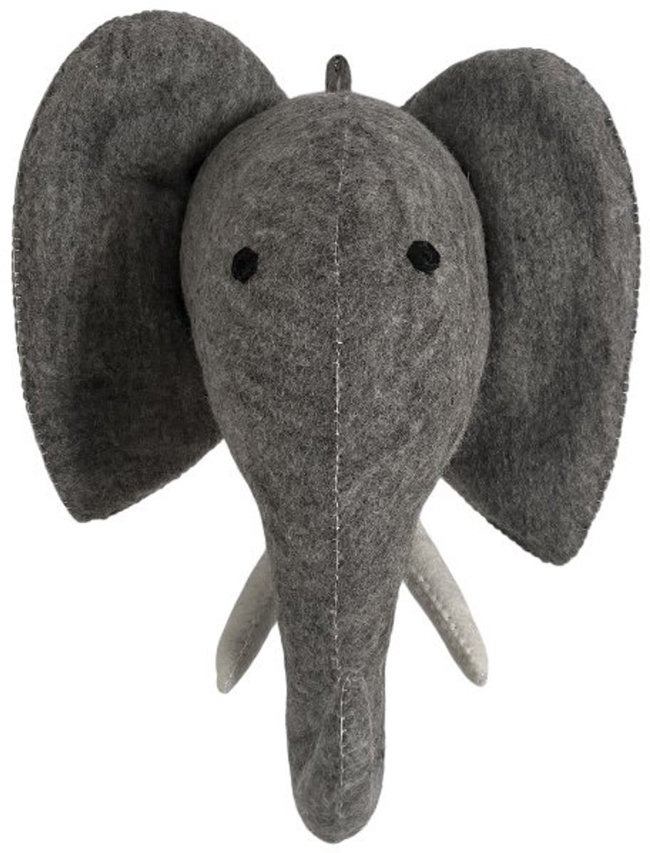 Luna-Leena duurzame olifant hoofd - grijs - vilt wol - L42x36cm - hand gemaakt in Nepal - kinderkamer - muurdecoratie - dierenhoofd - decoratie trofee - elephant head