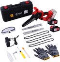Rode en zwarte accukettingzaag set met koffer, 2 accu's, kettingen, geleiders, handschoenen, veiligheidsbril, oplader en gereedschap.