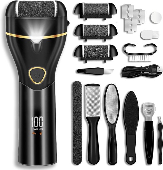 Voetvijl - Eeltverwijderaar voor de voeten - IPX5 waterdicht - Oplaadbaar - Met 3 rollen - Batterijdisplay met 2 snelheden - 17-in-1 oplaadbare voetvijl voor pedicure - Voor dode, harde, gebarsten huid - Zwart