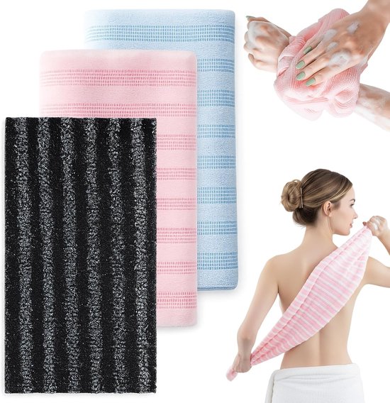 3 stuks Antibacteriële douchescrubs - Badhanddoeken - Badhanddoeken - Exfoliërende handdoeken - Lange badhanddoeken - 25*100cm - zwart+roze+blauw