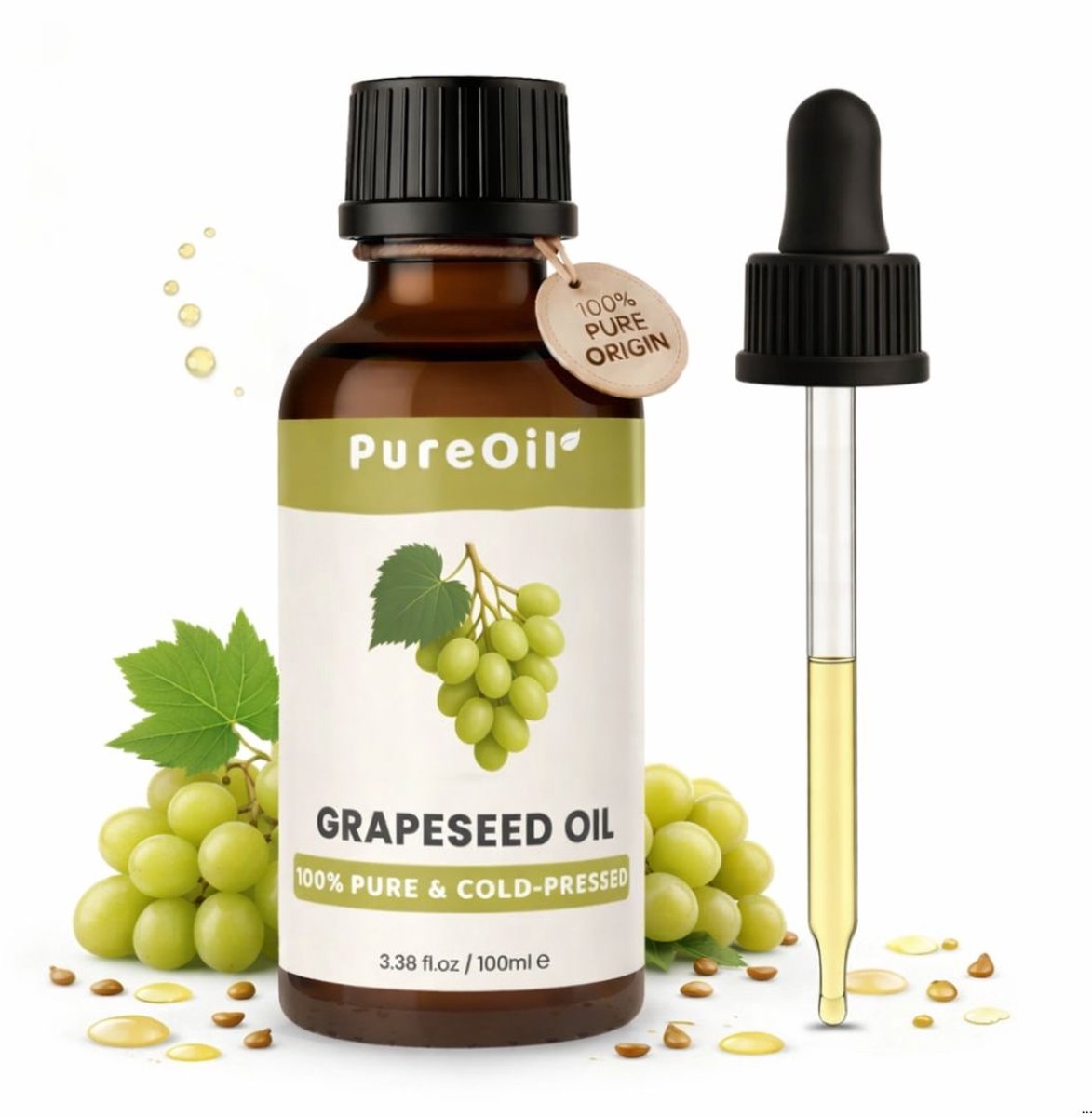 PureOil - Druivenpitolie - 100ml - 100% Puur & Vegan - Druivenpitolie Koudgeperst - Voor Haar | Huid | Gezicht | Scalp | Nagels - Haarolie - Massage Olie