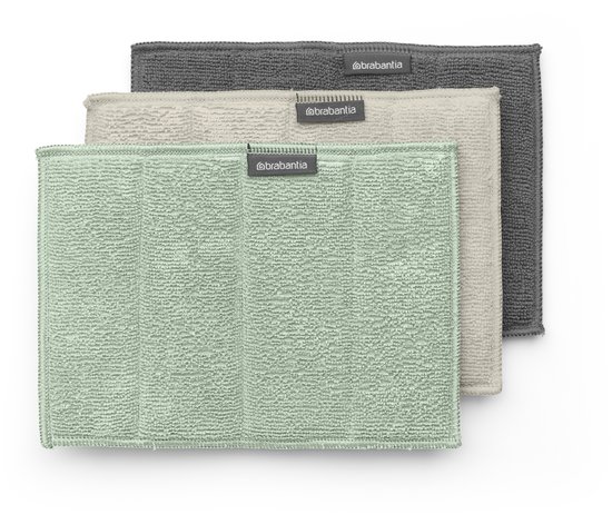 Drie microvezeldoekjes in jade groen, beige en donkergrijs. Merktekens zichtbaar.