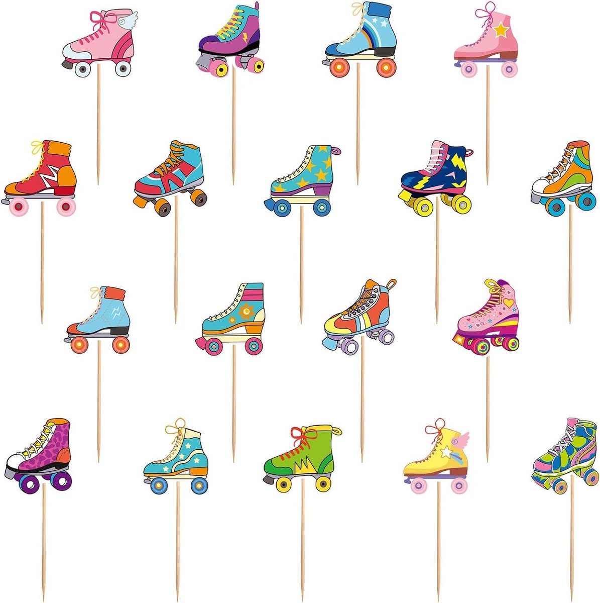 Jhubers Goods – Rolschaatsen Taarttoppers – Feestdecoraties – Rolschaats Themafeest – 80’s 90’s – Verjaardagsfeest – Thuis – Benodigdheden – Veelkleurig – Geschikt voor Taarten – 36 stuks