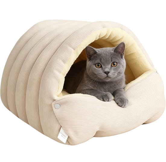 Panier pour chat - Maison pour chat - Lit pour chat - Grotte de lit pour chiot - Banc en forme de nid - Panier fermé - Intérieur - Extérieur - Chambre à coucher - Salon - Hiver - Maison - Pour chats - Chiens - Chiots - 45X30X19CM - Beige clair