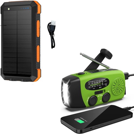 Noodradio Solar Opwindbaar en Batterij - Noodpakket - Draagbare Survival Radio - Inclusief 10.000 mAh Solar Powerbank - Powerbank Zonneenergie - Bouwradio - Zaklamp - Groen