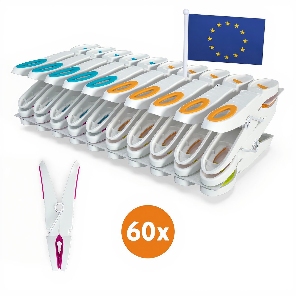 LaundrySpecialist Wasknijpers soft grip - Wit/multicolor - 60 stuks - extra lang en stevig - wasknijpers plastic - wasknijpers kunststof - gekleurde knijpers - Made in EU