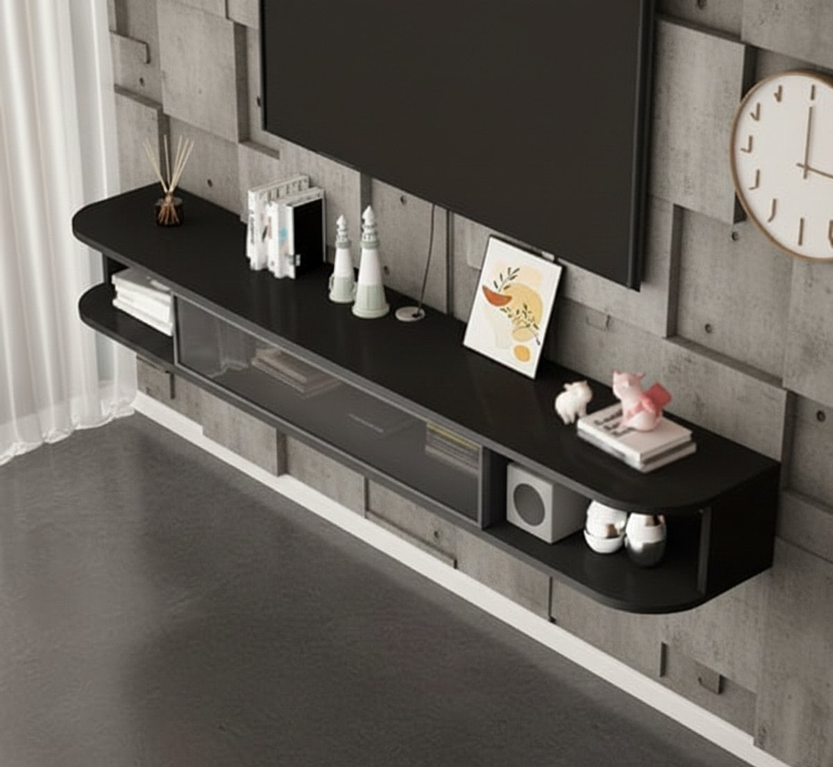 TV Meubel Wandmontage Zwevend met Klepdeur & Opbergruimte – Floating TV Kast / Media Console voor Onder TV – House&Garden