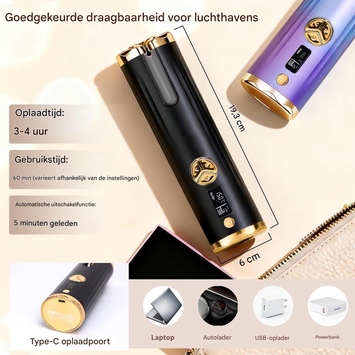 BYTEBAZAAR Draadloze Keramische Krultang met 6 Temperatuurstanden - afbeelding 3