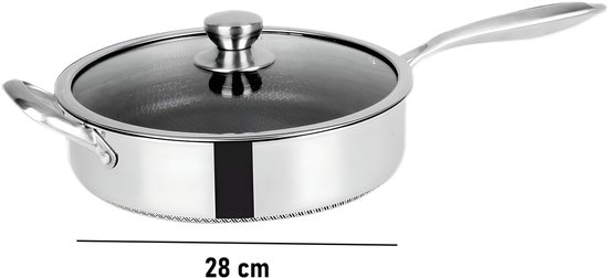 Cheffinger, Hoge Koekenpan 28cm Honingraat Coating met Lange Handgreep en Deksel, Zilveren van Cheffinger — afbeelding 3