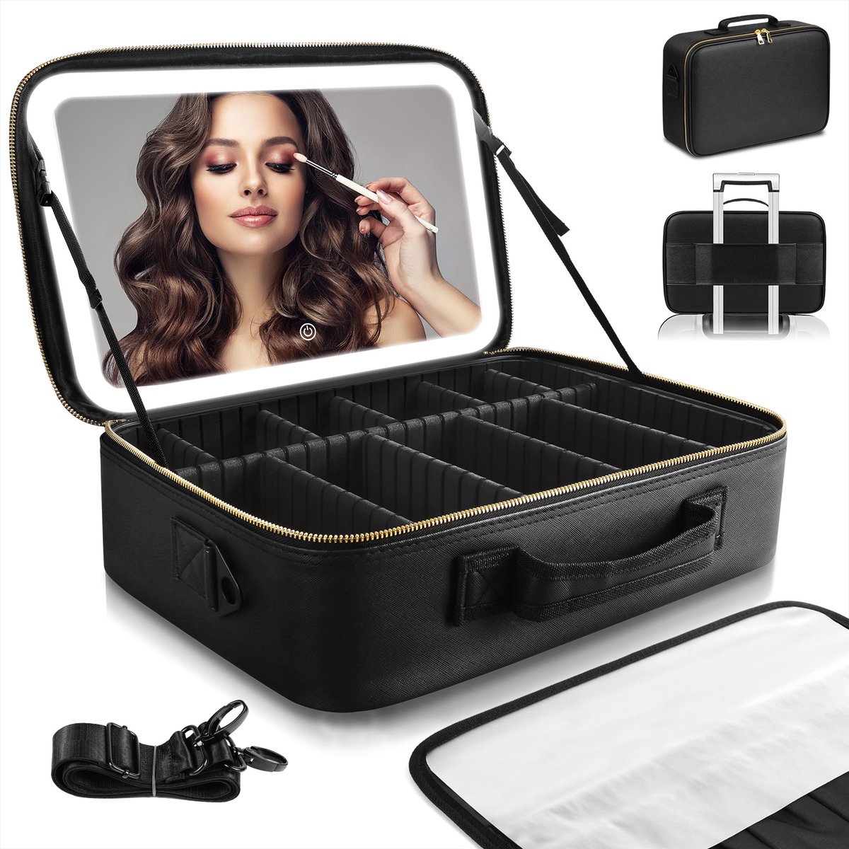 LED make-uptas met licht en spiegel, draagbaar, grote opbergtas voor op reis, make-upkoffer