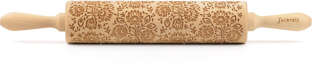 Folkroll deegroller Folk Floral, groot, 43 cm, deegroller, embossingroller, patroon, motief, rol, beukenhout, 330210