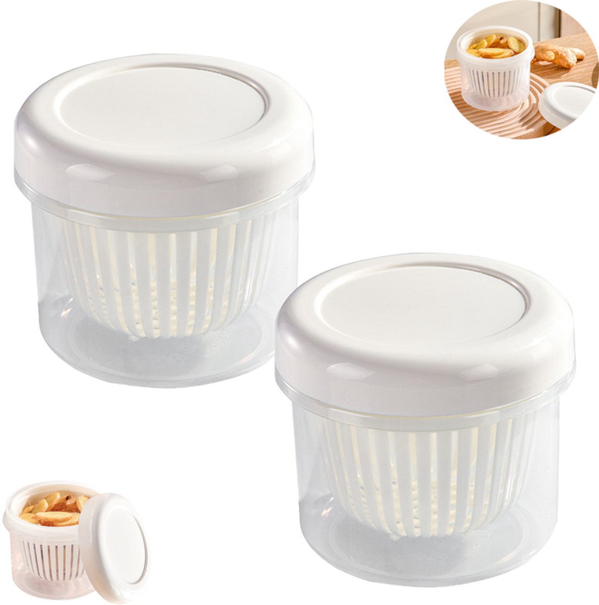 2 stuks - Bewaarbox voor lente-uitjes - Transparante, luchtdichte plastic bewaarbox voor de koelkast - Luchtdichte bewaarbox voor groenten met uitlekmandje - Voor het bewaren van gesneden lente-uitjes, gember, knoflook en groenten