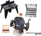 FERM - Bovenfreesset - Bovenfrees - met - bovenfreestafel - en - extra - frezenset - PRM1015_S - Set: - PRM1011 Bovenfreestafel - PRA1008 Frezenset 20 delig - PRM1015 Bovenfreesmachine met zijgelijder en 6 freezen