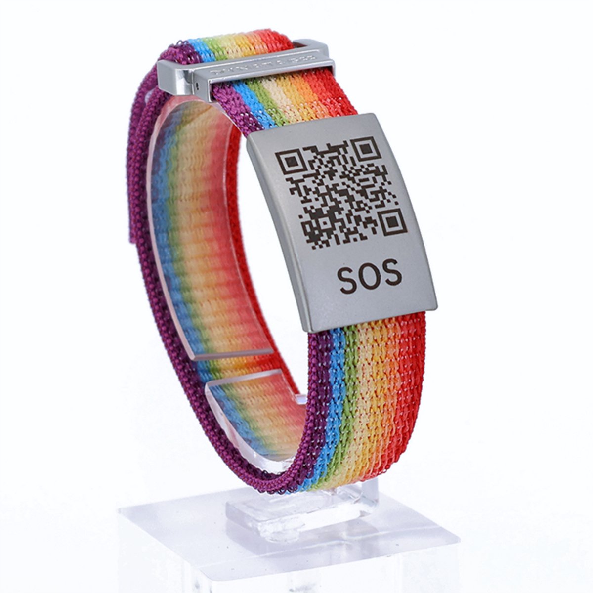 DynaTag SOS Armband Medische Armband met QR-code - Textiel Regenboog - Volwassenen en Kinderen