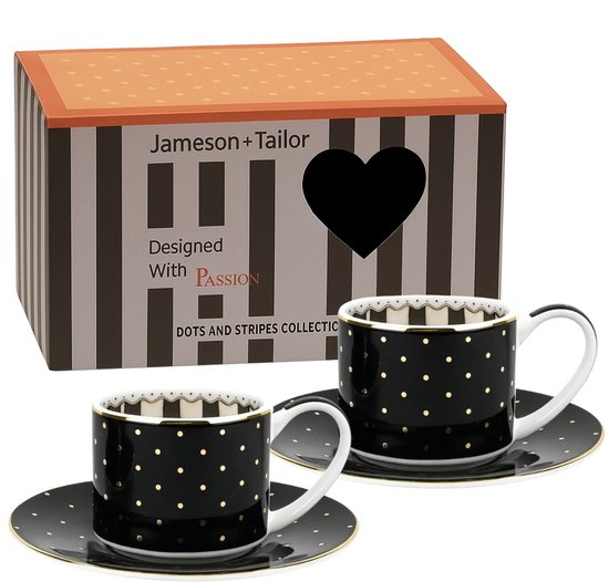 Tasses à expresso élégantes avec soucoupe 90 ml – Zwart à pois dorés – Coffret cadeau de Luxe – Perfect pour les amateurs d'expresso et de Cappuccino