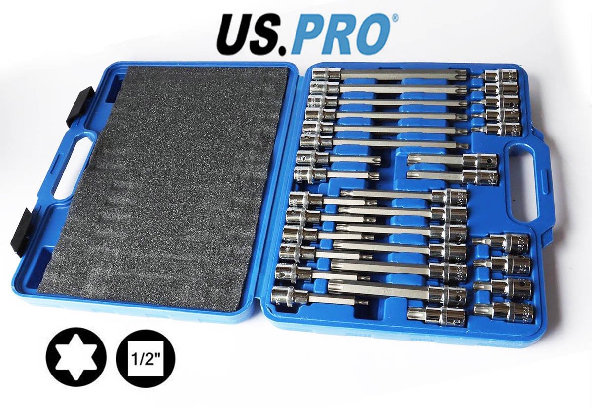 Uitgebreide 1/2" Torx doppenset met 32 Torx doppen in verschillende lengtes en maten (32-delig)