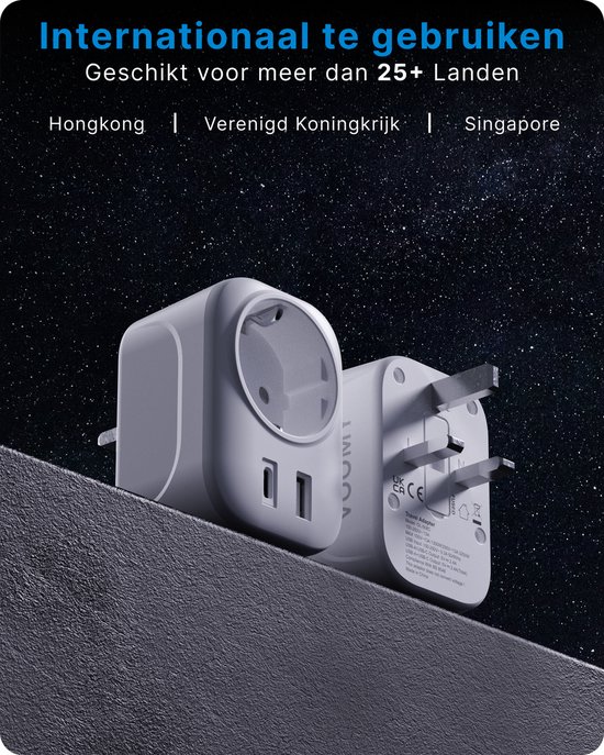 Voomy Reisstekker Engeland/UK - USB-C & USB-A - Wereldstekker Type G - Wit
