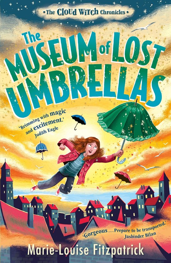 Boekomslag: Een meisje zweeft met een paraplu boven een stad. 'The Museum of Lost Umbrellas' staat in grote letters.