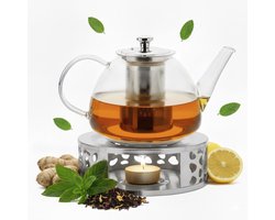Vaja Glazen Theepot Fay 1 Liter met Filter en Warmhouder - Theepot Glas voor Losse Thee en Theebloemen - Tea Maker - Theelicht houder voor Theekan met Zeef - Infuser - Warmer - Zilver